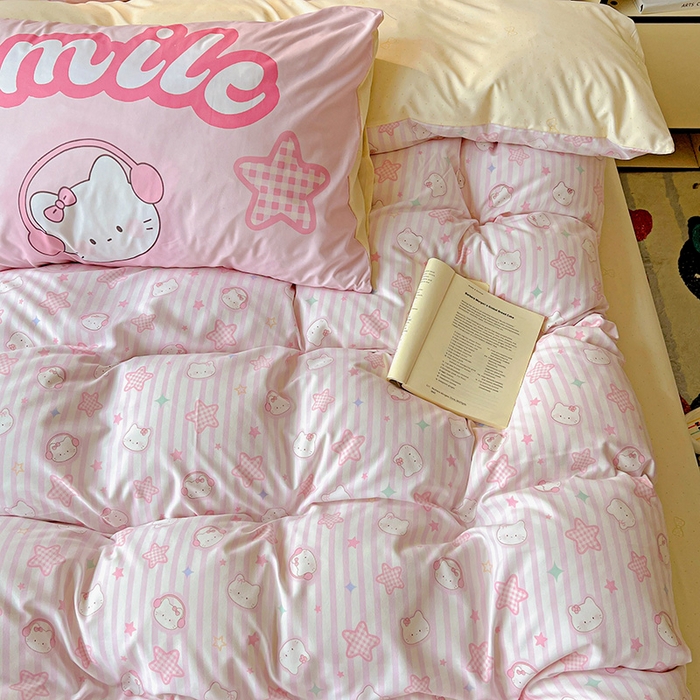 91家纺网 家纺一手货源 找家纺 海岛哥哥 2025新款105克软绵绵大版枕套四件套系列-大床图（有买家秀）星星凯蒂粉