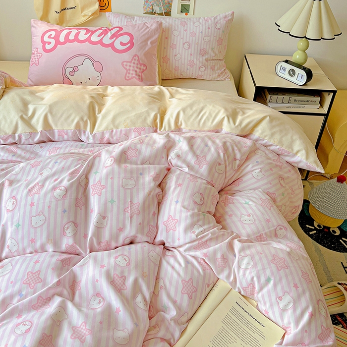 91家纺网 家纺一手货源 找家纺 海岛哥哥 2025新款105克软绵绵大版枕套四件套系列-大床图（有买家秀）星星凯蒂粉