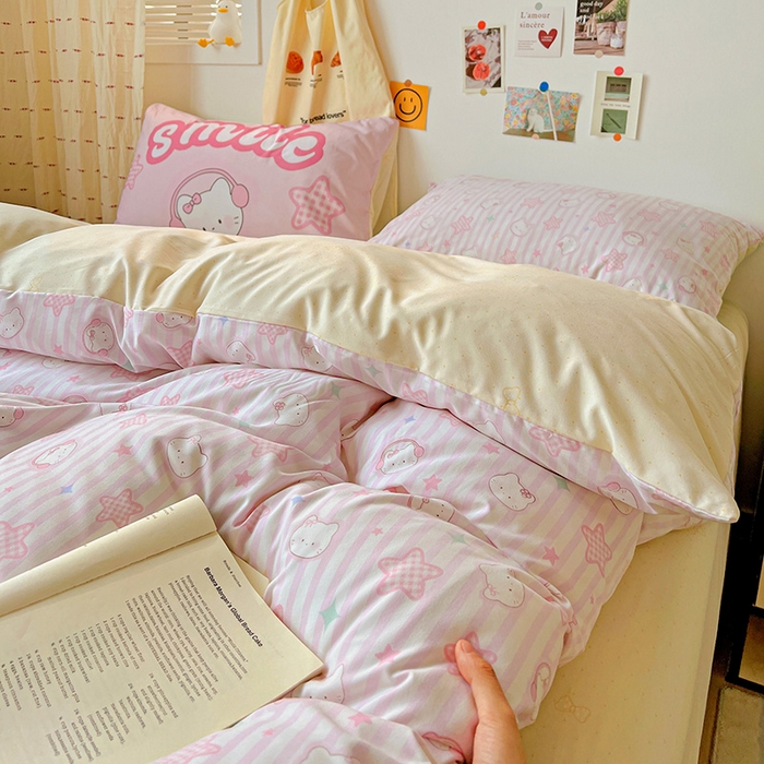 91家纺网 家纺一手货源 找家纺 海岛哥哥 2025新款105克软绵绵大版枕套四件套系列-大床图（有买家秀）星星凯蒂粉