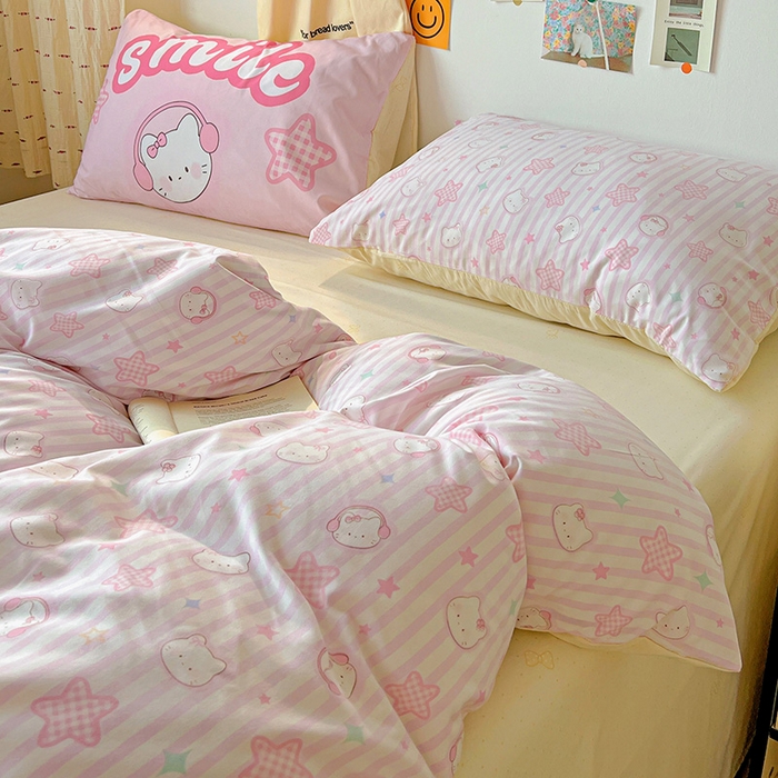 91家纺网 家纺一手货源 找家纺 海岛哥哥 2025新款105克软绵绵大版枕套四件套系列-大床图（有买家秀）星星凯蒂粉