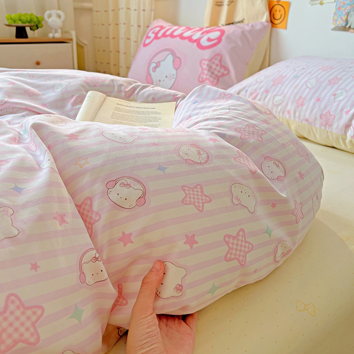 91家纺网 家纺一手货源 找家纺 海岛哥哥 2025新款105克软绵绵大版枕套四件套系列-大床图（有买家秀）星星凯蒂粉