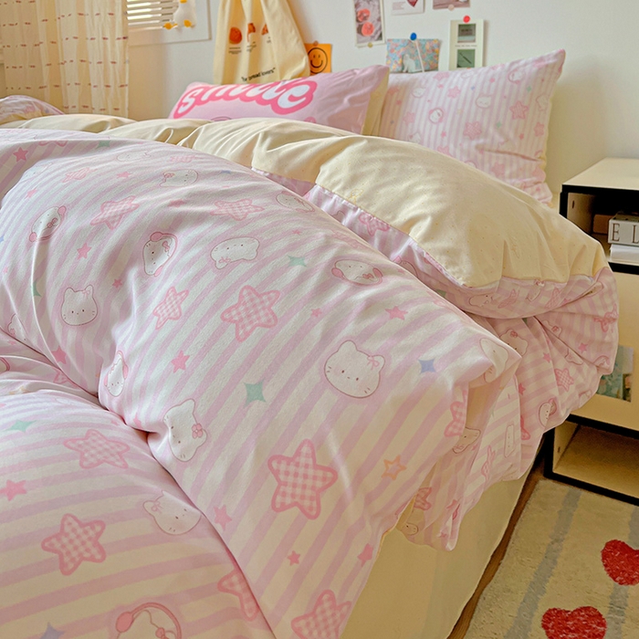 91家纺网 家纺一手货源 找家纺 海岛哥哥 2025新款105克软绵绵大版枕套四件套系列-大床图（有买家秀）星星凯蒂粉