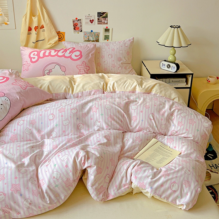 91家纺网 家纺一手货源 找家纺 海岛哥哥 2025新款105克软绵绵大版枕套四件套系列-大床图（有买家秀）星星凯蒂粉