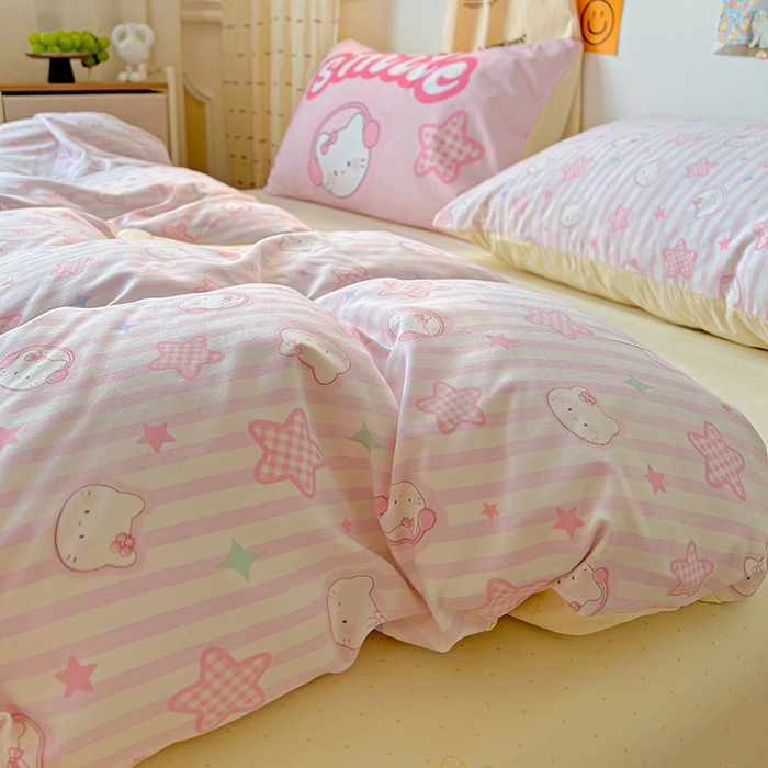 91家纺网 家纺一手货源 找家纺 海岛哥哥 2025新款105克软绵绵大版枕套四件套系列-大床图（有买家秀）星星凯蒂粉