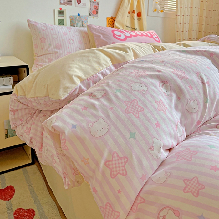 91家纺网 家纺一手货源 找家纺 海岛哥哥 2025新款105克软绵绵大版枕套四件套系列-大床图（有买家秀）星星凯蒂粉