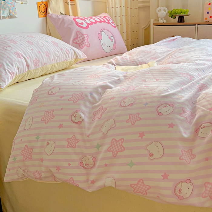 91家纺网 家纺一手货源 找家纺 海岛哥哥 2025新款105克软绵绵大版枕套四件套系列-大床图（有买家秀）星星凯蒂粉