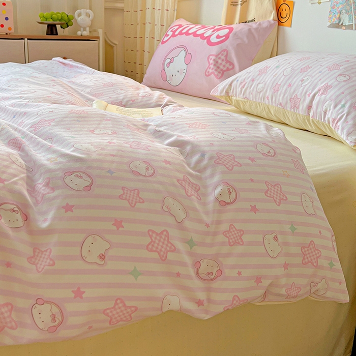 91家纺网 家纺一手货源 找家纺 海岛哥哥 2025新款105克软绵绵大版枕套四件套系列-大床图（有买家秀）星星凯蒂粉