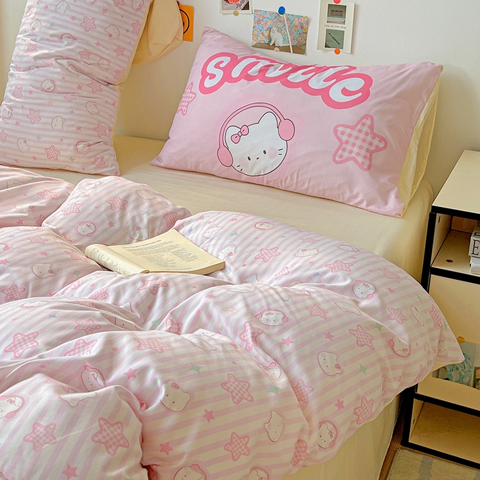 91家纺网 家纺一手货源 找家纺 海岛哥哥 2025新款105克软绵绵大版枕套四件套系列-大床图（有买家秀）星星凯蒂粉