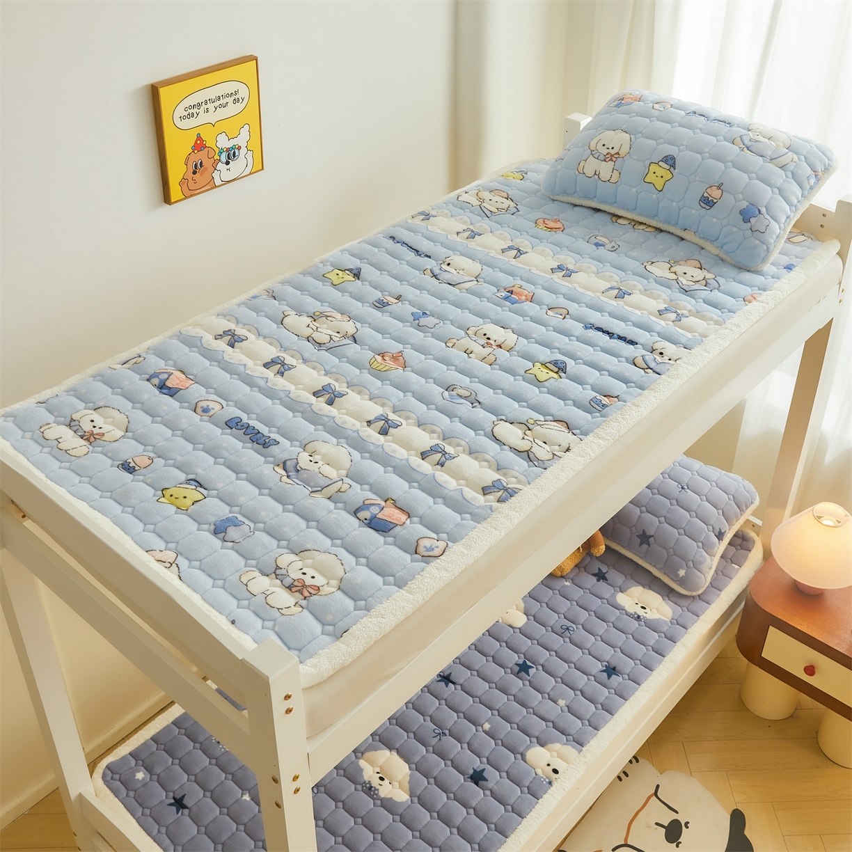 91家纺网 家纺一手货源 找家纺 雯豆家纺 【加厚款】2025新款牛奶绒床褥床垫学生宿舍床护垫子 牛奶绒床褥-奶蓝小狗【加厚款】