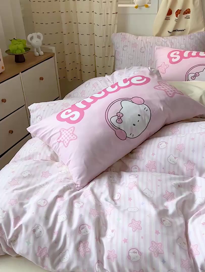 91家纺网 家纺一手货源 找家纺 海岛哥哥 2025新款105克软绵绵大版枕套四件套系列-大床图（有买家秀）星星凯蒂粉