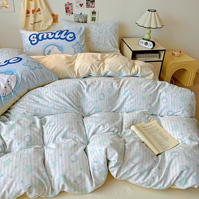 91家纺网 家纺一手货源 找家纺 海岛哥哥 2025新款105克软绵绵大版枕套四件套系列-大床图（有买家秀）星星凯蒂蓝