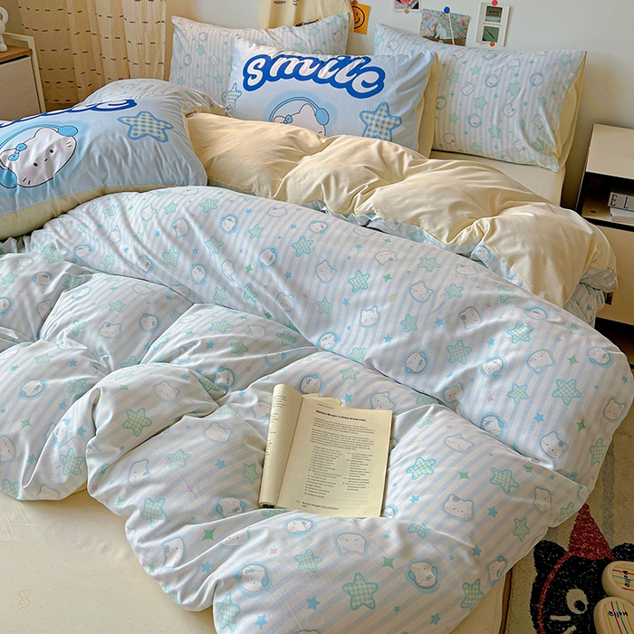 91家纺网 家纺一手货源 找家纺 海岛哥哥 2025新款105克软绵绵大版枕套四件套系列-大床图（有买家秀）星星凯蒂蓝