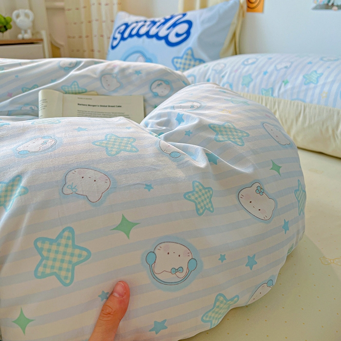 91家纺网 家纺一手货源 找家纺 海岛哥哥 2025新款105克软绵绵大版枕套四件套系列-大床图（有买家秀）星星凯蒂蓝