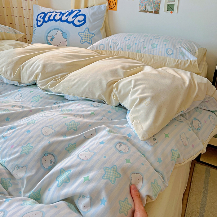 91家纺网 家纺一手货源 找家纺 海岛哥哥 2025新款105克软绵绵大版枕套四件套系列-大床图（有买家秀）星星凯蒂蓝