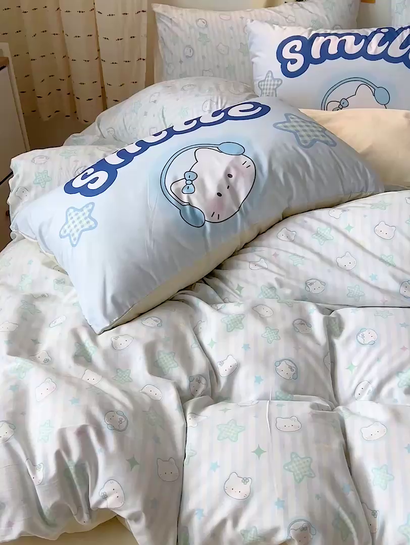 91家纺网 家纺一手货源 找家纺 海岛哥哥 2025新款105克软绵绵大版枕套四件套系列-大床图（有买家秀）星星凯蒂蓝