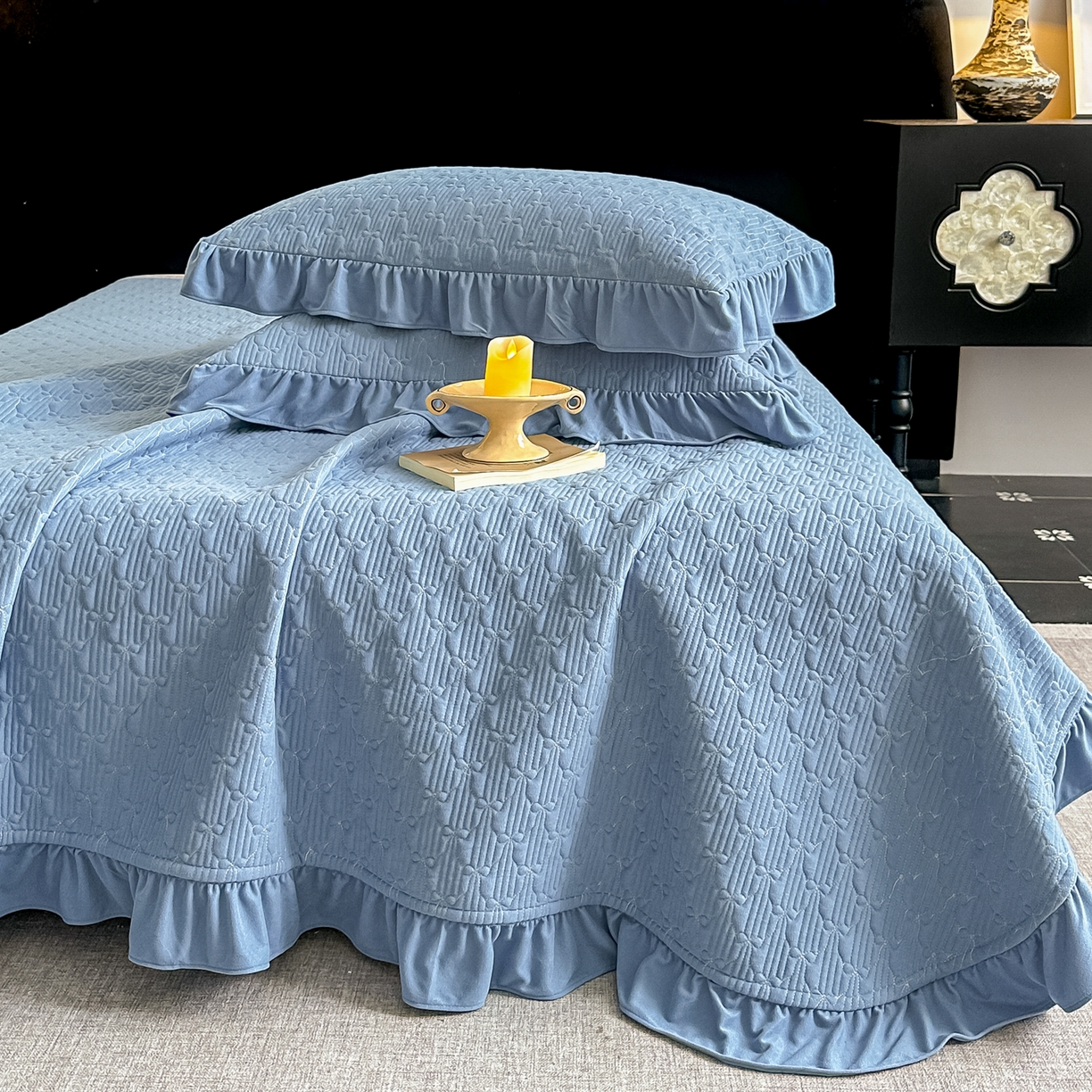 91家纺网 家纺一手货源 找家纺 手艺人家纺 2025新款高克重韩国绒三件套 HS蓝色