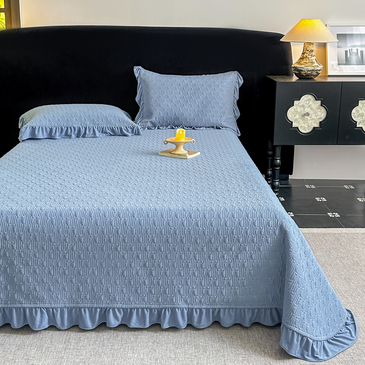 91家纺网 家纺一手货源 找家纺 手艺人家纺 2025新款高克重韩国绒三件套 HS蓝色