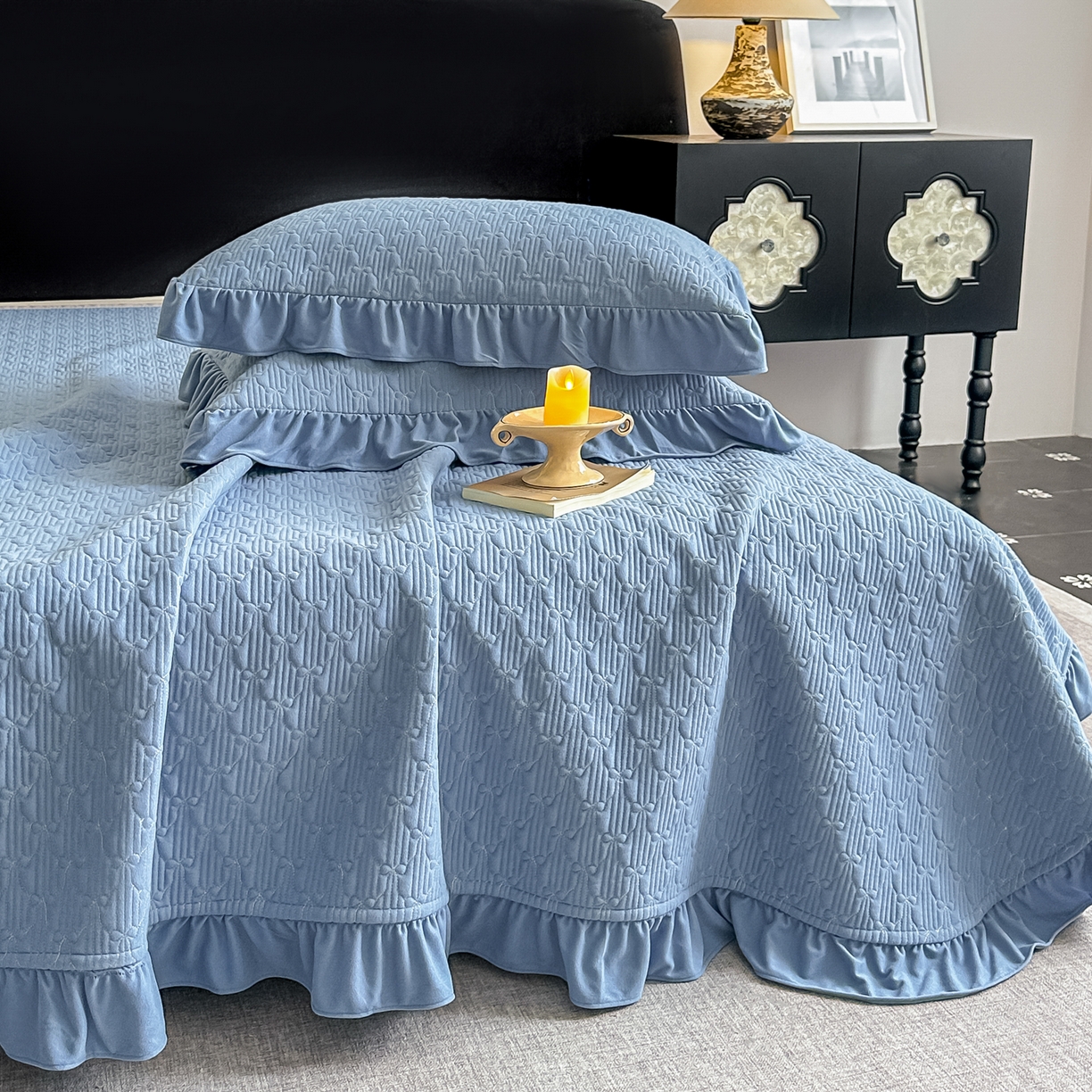 91家纺网 家纺一手货源 找家纺 手艺人家纺 2025新款高克重韩国绒三件套 HS蓝色