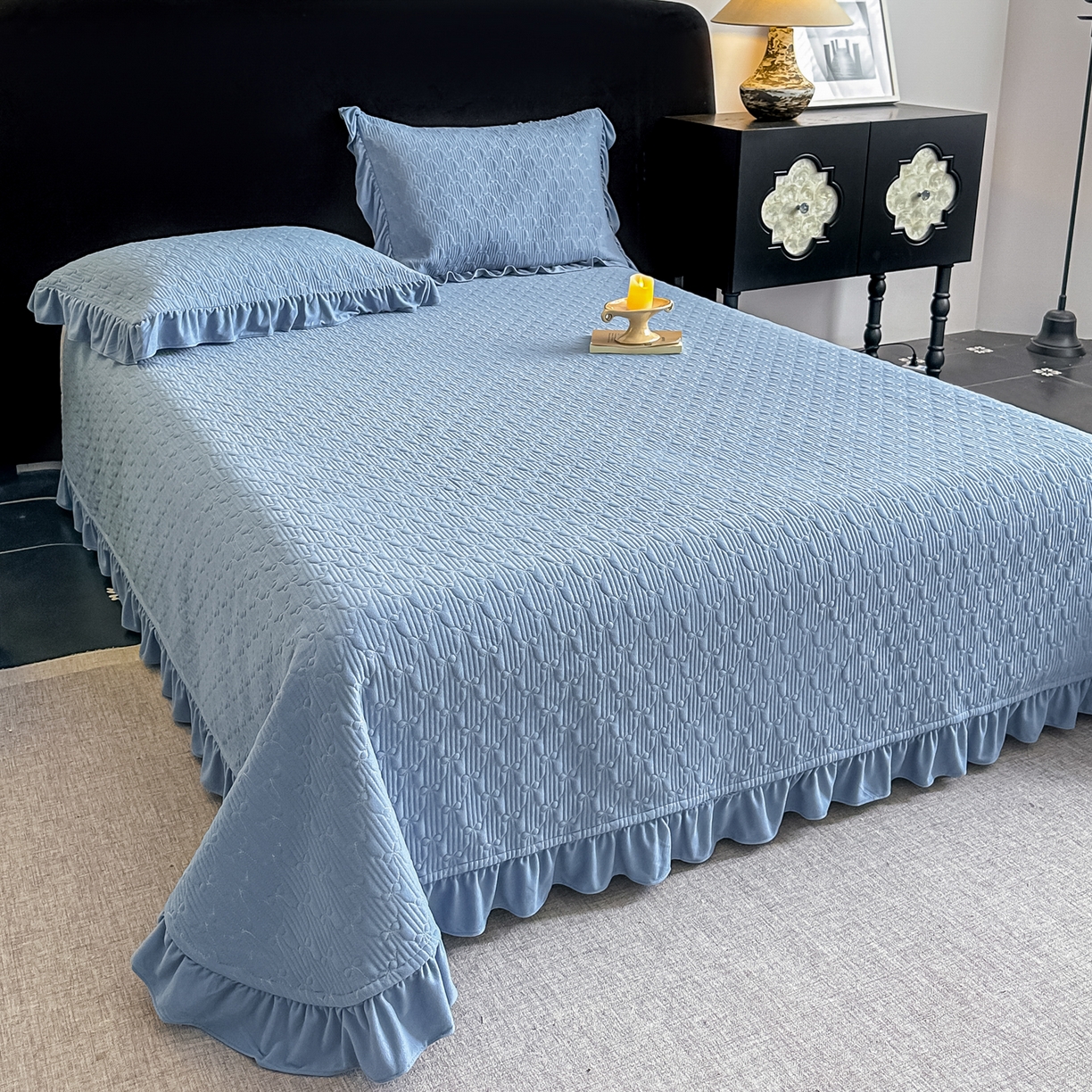 91家纺网 家纺一手货源 找家纺 手艺人家纺 2025新款高克重韩国绒三件套 HS蓝色