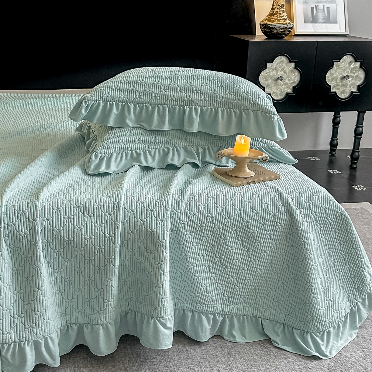 91家纺网 家纺一手货源 找家纺 手艺人家纺 2025新款高克重韩国绒三件套 HS绿色