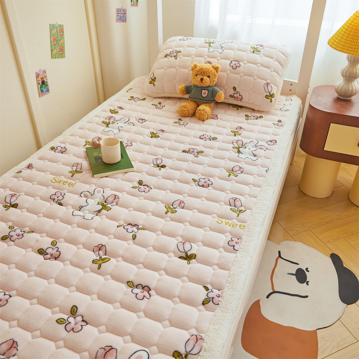 91家纺网 家纺一手货源 找家纺 雯豆家纺 【加厚款】2025新款牛奶绒床褥床垫学生宿舍床护垫子 牛奶绒床褥-月季小兔【加厚款】