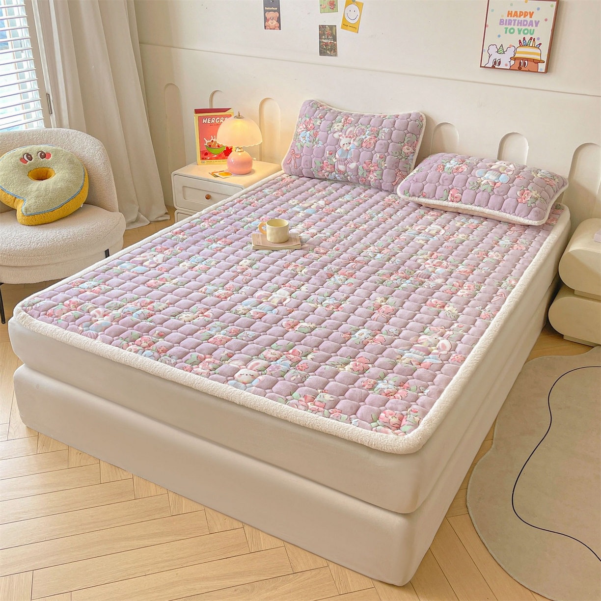 91家纺网 家纺一手货源 找家纺 雯豆家纺 【加厚款】2025新款牛奶绒床垫床护垫印花小清新床褥床垫子 牛奶绒床褥-花花仙子【加厚款】