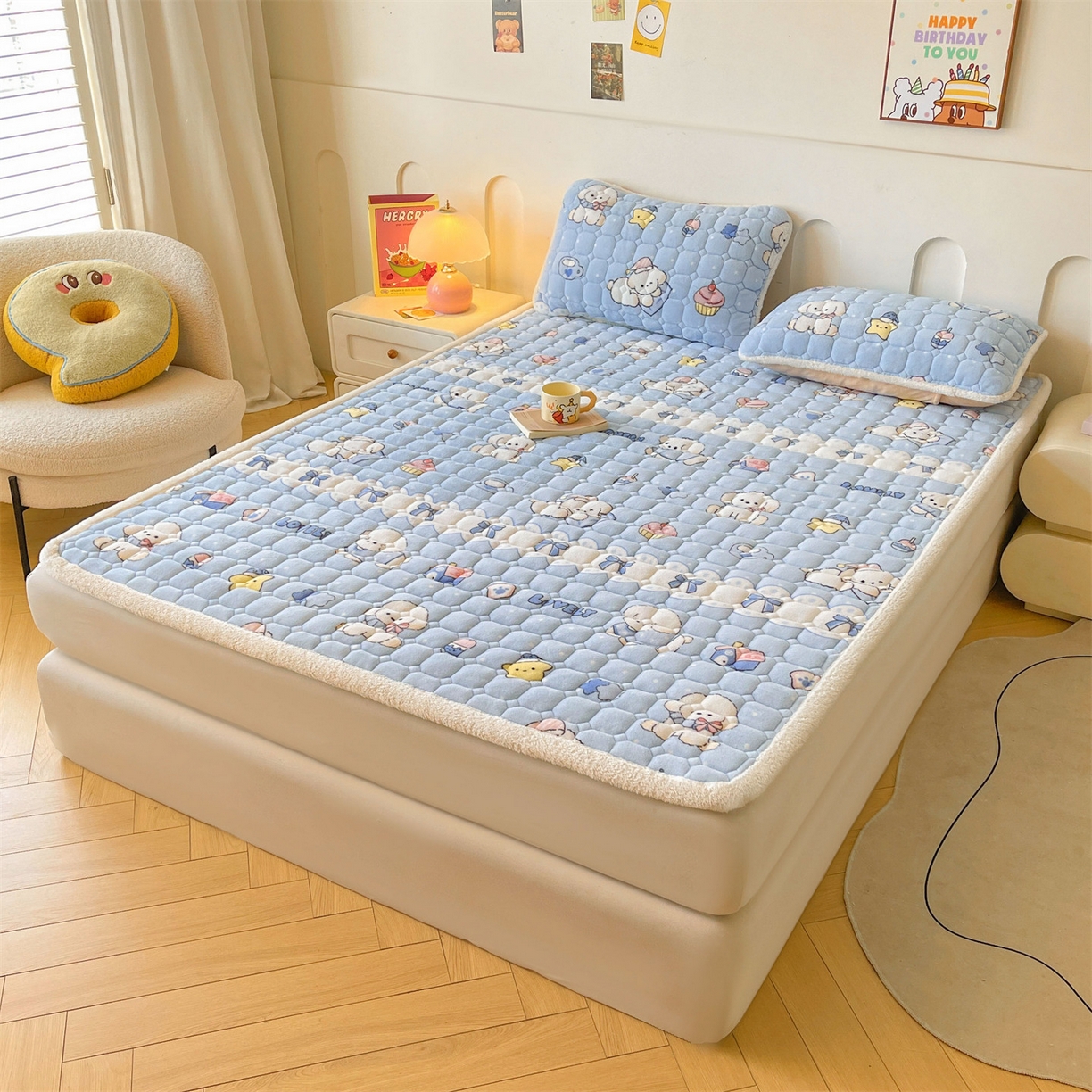 91家纺网 家纺一手货源 找家纺 雯豆家纺 【加厚款】2025新款牛奶绒床垫床护垫印花小清新床褥床垫子 牛奶绒床褥-奶蓝小狗【加厚款】
