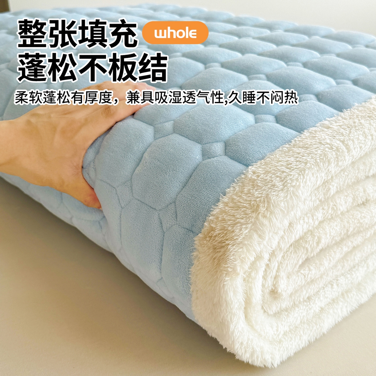 91家纺网 家纺一手货源 找家纺 雯豆家纺 【加厚款】2025新款牛奶绒床褥纯色学生宿舍床垫子 牛奶绒床褥-天蓝【加厚款】