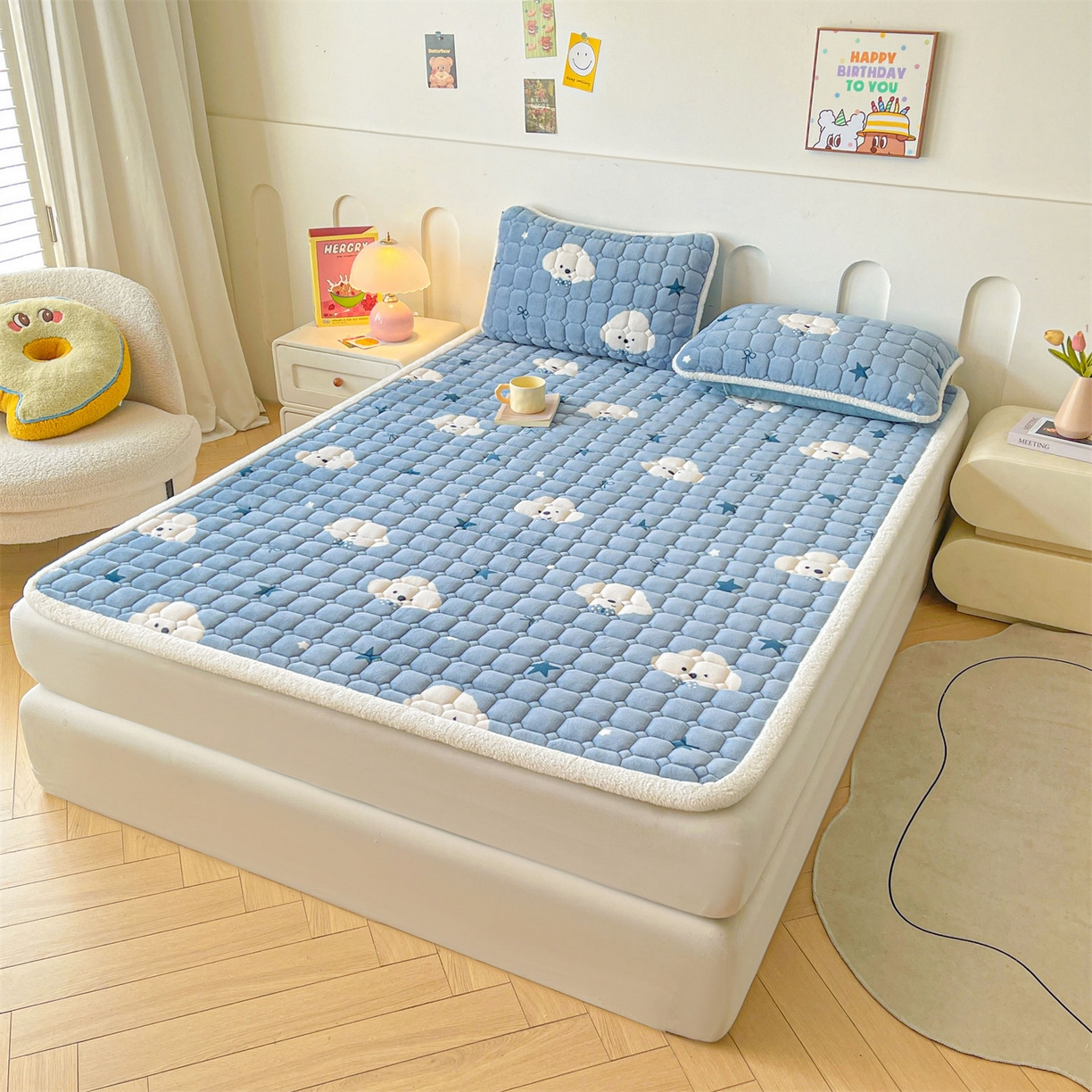 91家纺网 家纺一手货源 找家纺 雯豆家纺 【加厚款】2025新款牛奶绒床垫床护垫印花小清新床褥床垫子 牛奶绒床褥-星空小狗【加厚款】