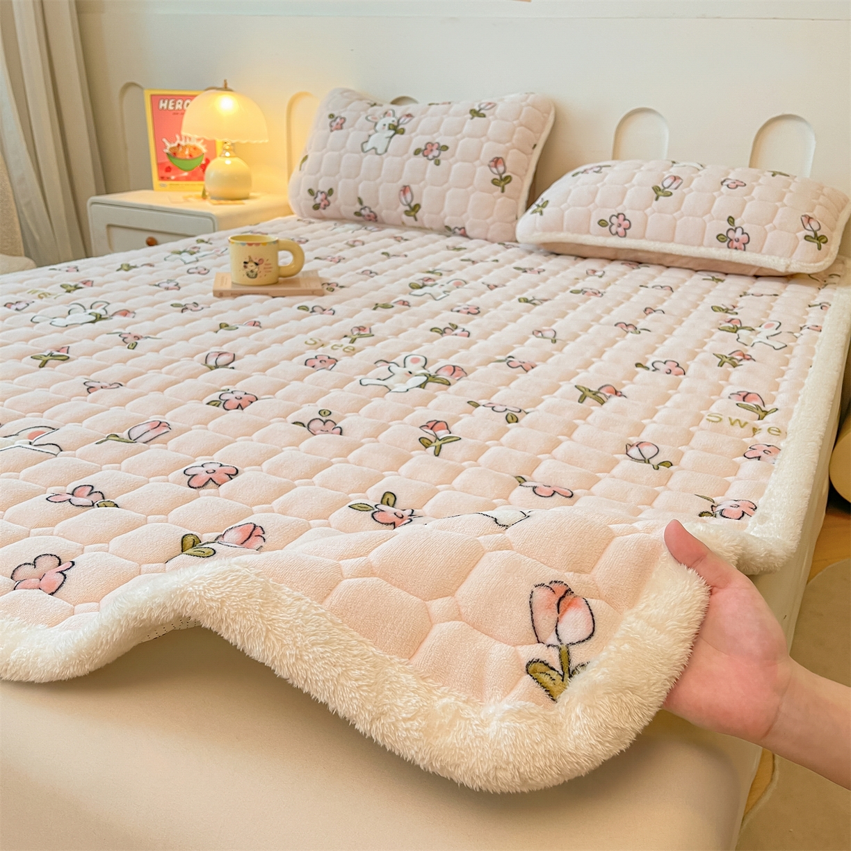 雯豆家纺 【加厚款】2025新款牛奶绒床垫床护垫印花小清新床褥床垫子 牛奶绒床褥-月季小兔【加厚款】