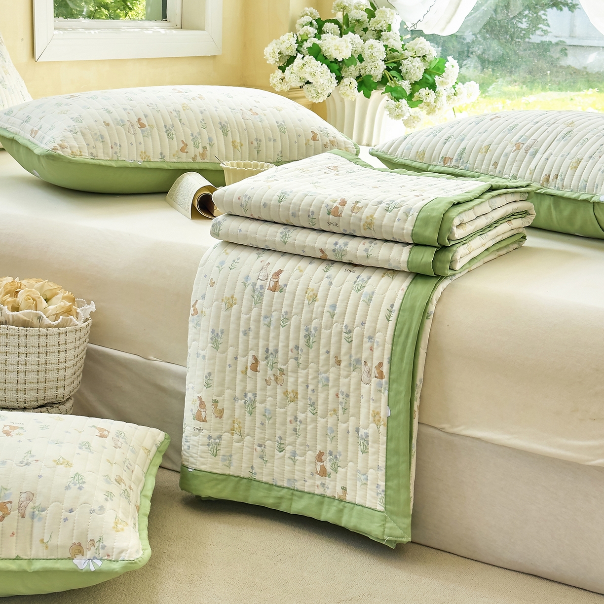 91家纺网 家纺一手货源 找家纺 暖萌 2025新款A类双棉100%全棉13372印花床盖系列 春日奇迹