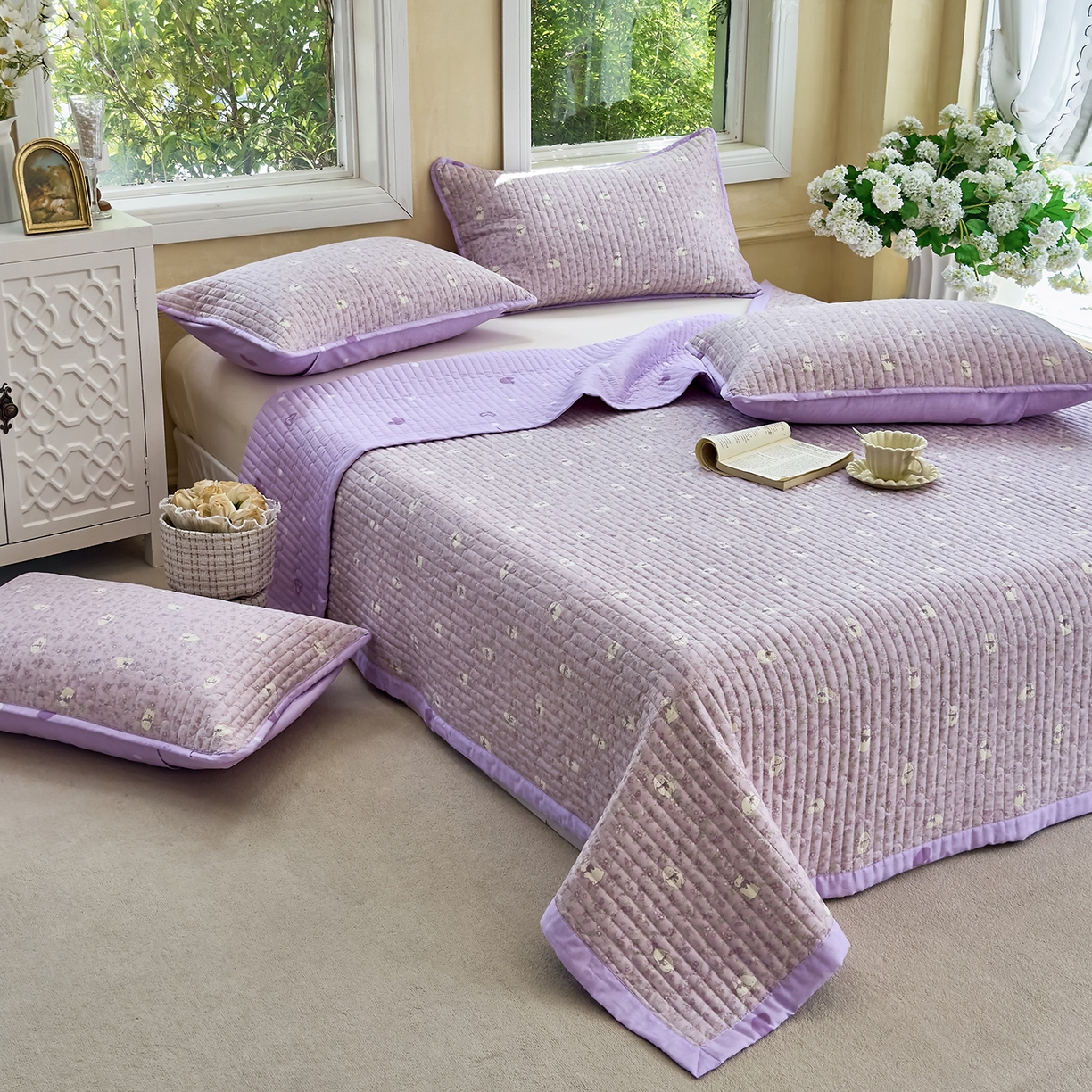 91家纺网 家纺一手货源 找家纺 暖萌 2025新款A类双棉100%全棉13372印花床盖系列 摩伊