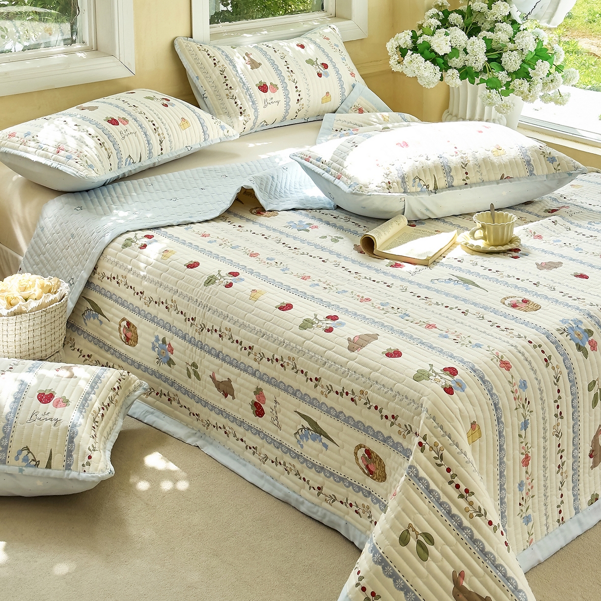 91家纺网 家纺一手货源 找家纺 暖萌 2025新款A类双棉100%全棉13372印花床盖系列 浆果小兔