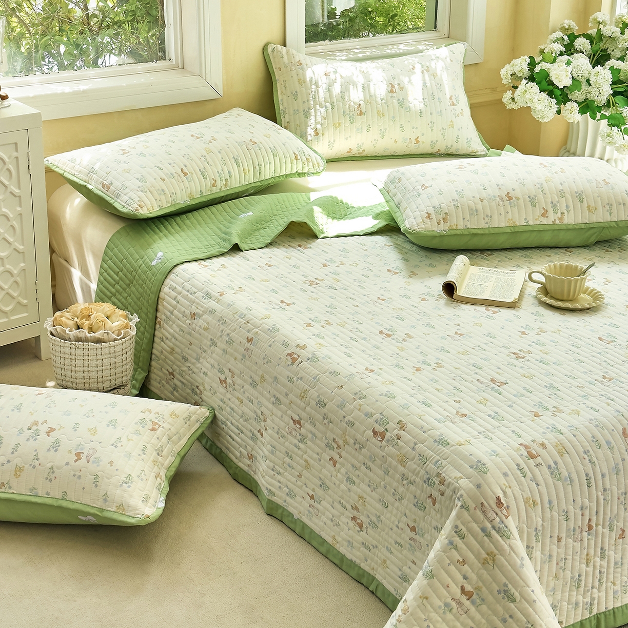 91家纺网 家纺一手货源 找家纺 暖萌 2025新款A类双棉100%全棉13372印花床盖系列 春日奇迹