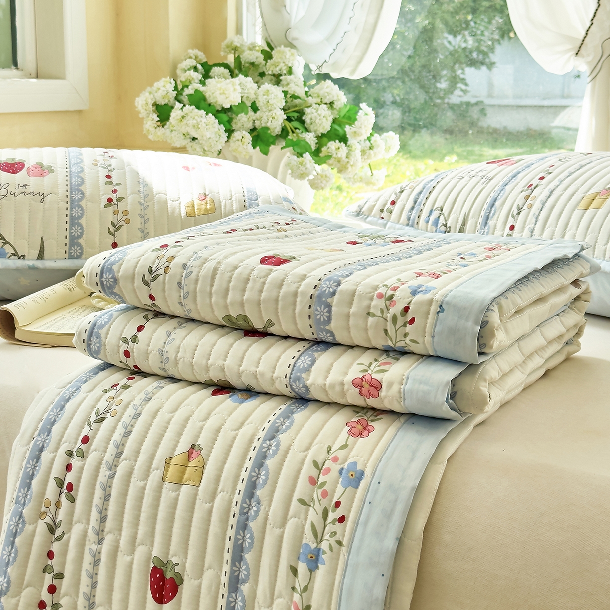 91家纺网 家纺一手货源 找家纺 暖萌 2025新款A类双棉100%全棉13372印花床盖系列 浆果小兔