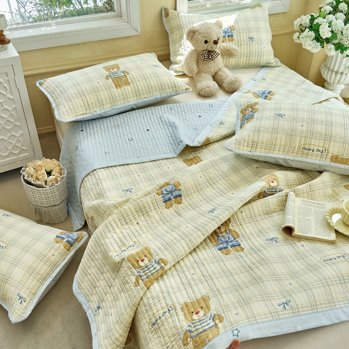 91家纺网 家纺一手货源 找家纺 暖萌 2025新款A类双棉100%全棉13372印花床盖系列 大版比利熊