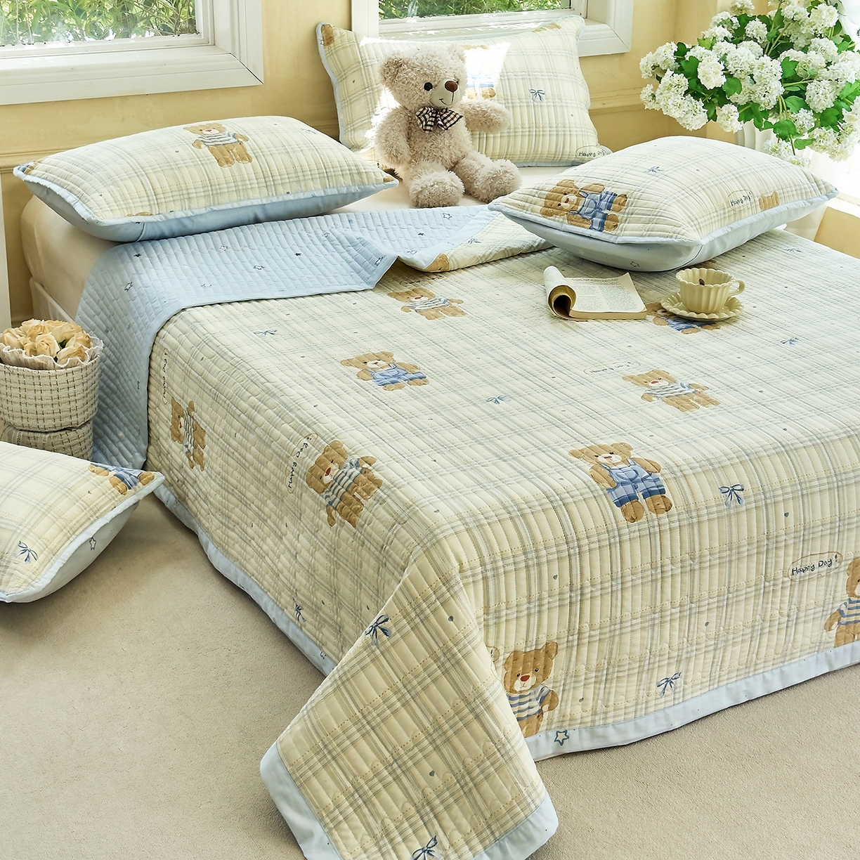 91家纺网 家纺一手货源 找家纺 暖萌 2025新款A类双棉100%全棉13372印花床盖系列 大版比利熊