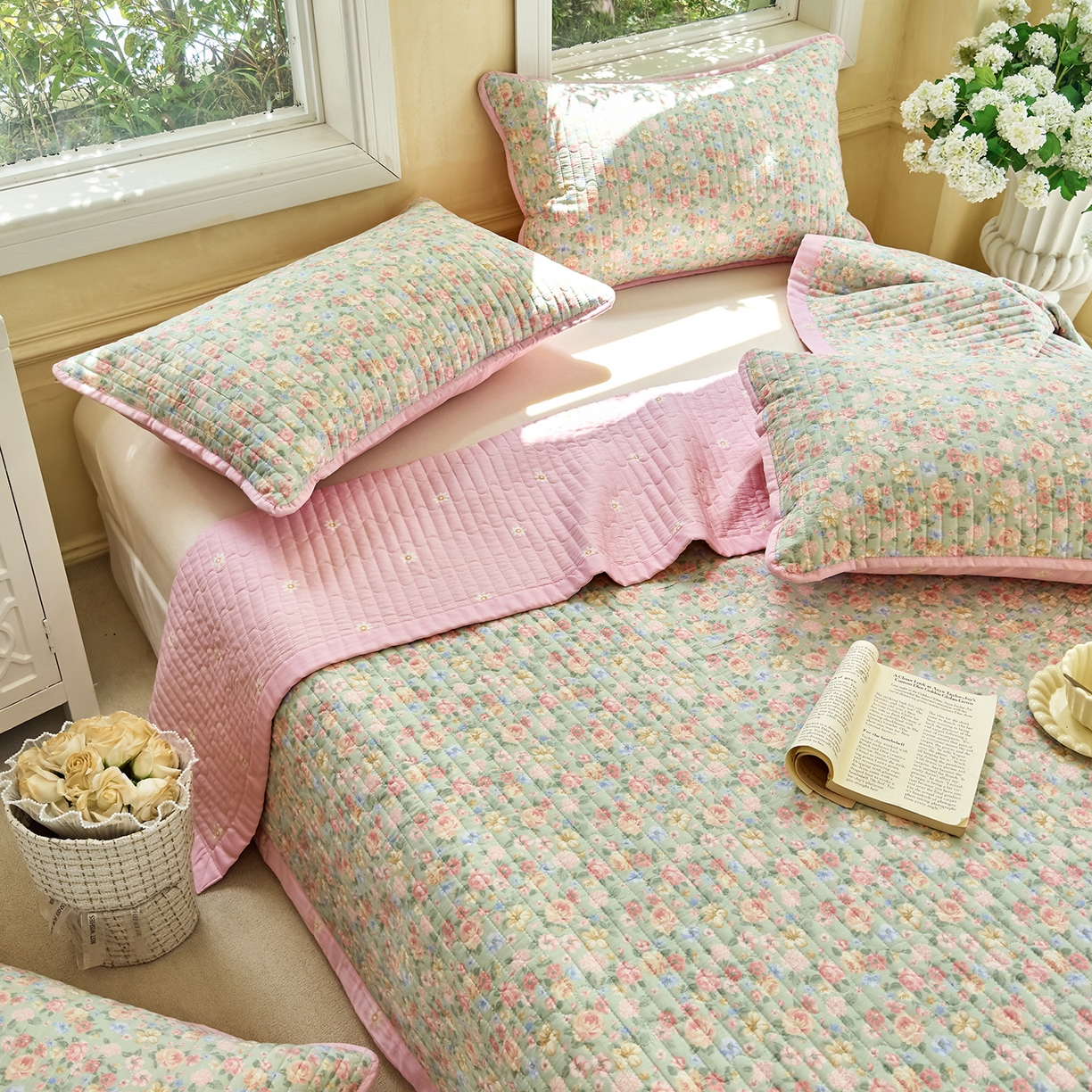 91家纺网 家纺一手货源 找家纺 暖萌 2025新款A类双棉100%全棉13372印花床盖系列 柏林梦境-绿