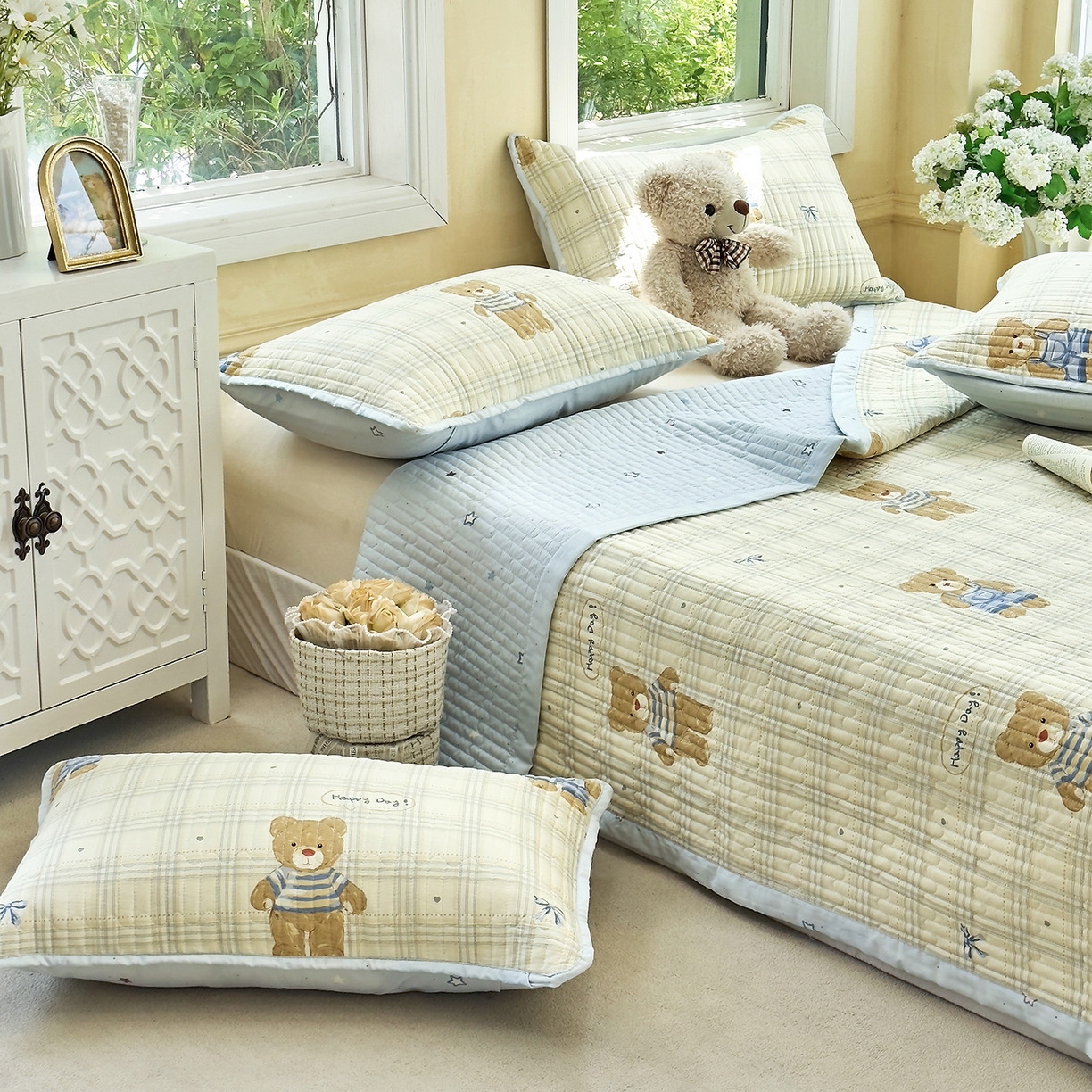 91家纺网 家纺一手货源 找家纺 暖萌 2025新款A类双棉100%全棉13372印花床盖系列 大版比利熊