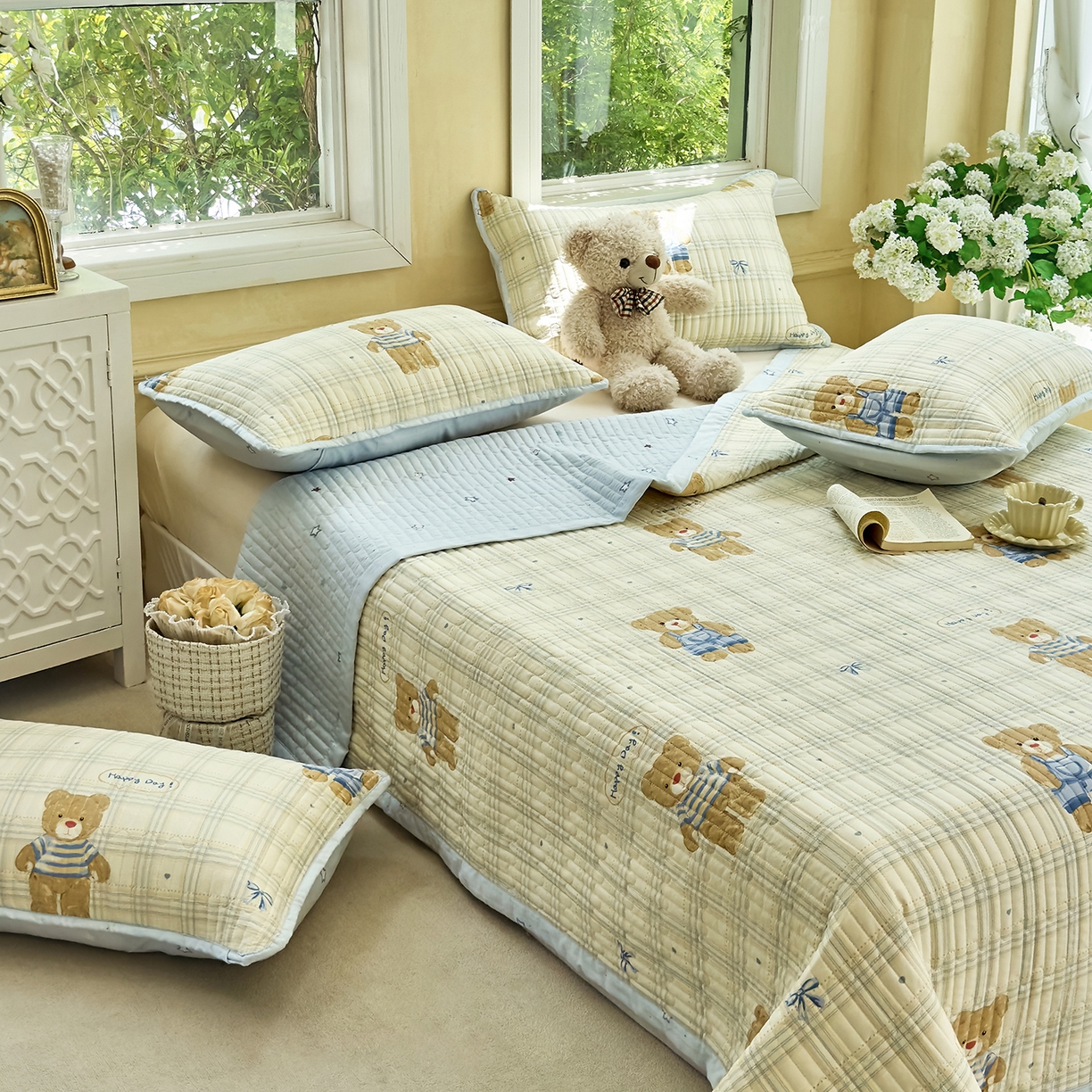 91家纺网 家纺一手货源 找家纺 暖萌 2025新款A类双棉100%全棉13372印花床盖系列 大版比利熊