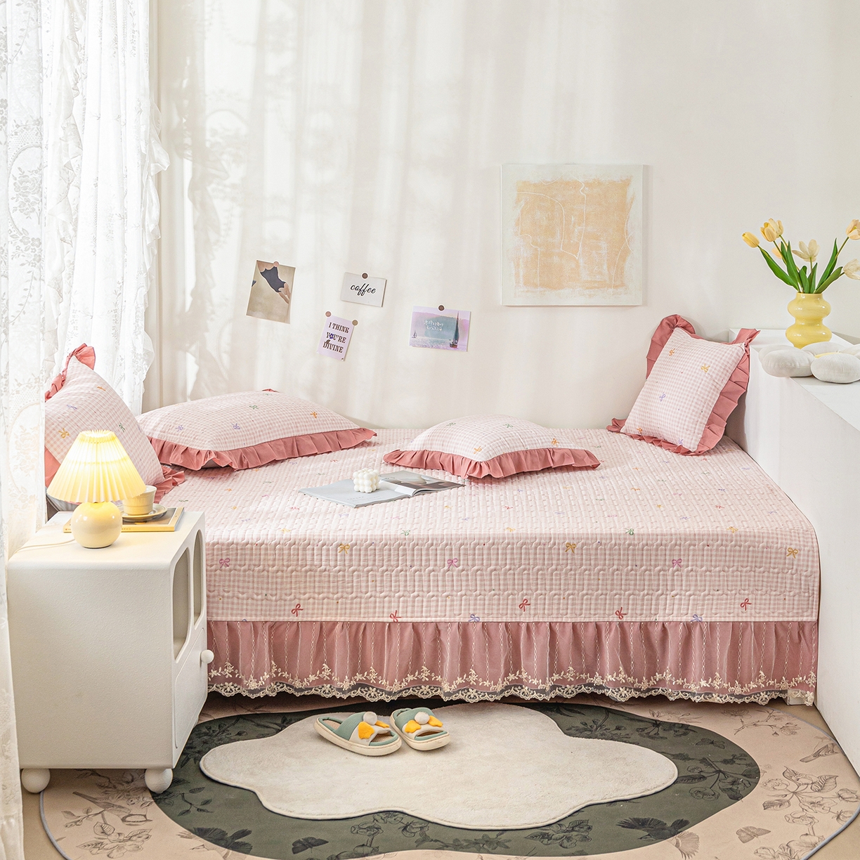 91家纺网 家纺一手货源 找家纺 美优兰 2025新款全棉防滑榻榻米炕垫纯棉床盖三件套 粉色小格