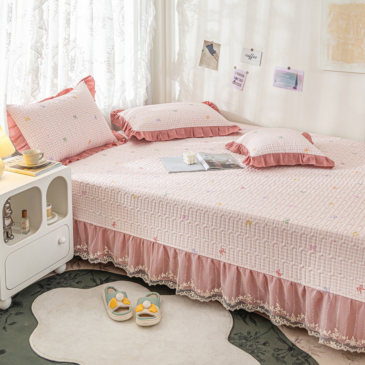 91家纺网 家纺一手货源 找家纺 美优兰 2025新款全棉防滑榻榻米炕垫纯棉床盖三件套 粉色小格