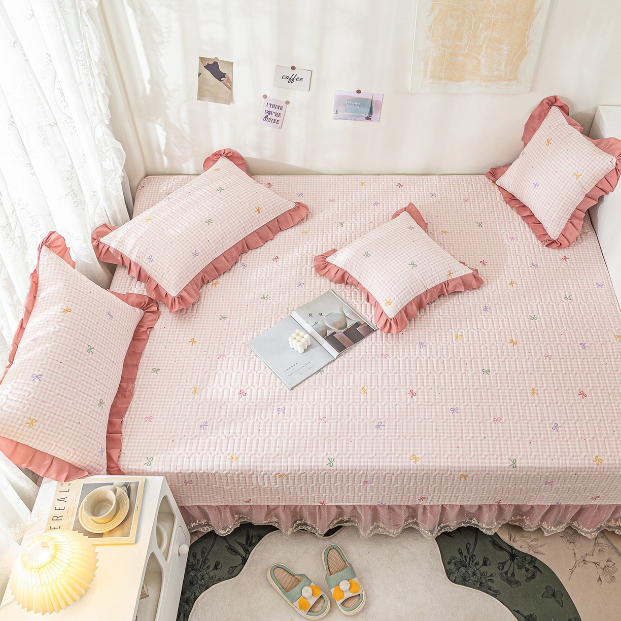 91家纺网 家纺一手货源 找家纺 美优兰 2025新款全棉防滑榻榻米炕垫纯棉床盖三件套 粉色小格