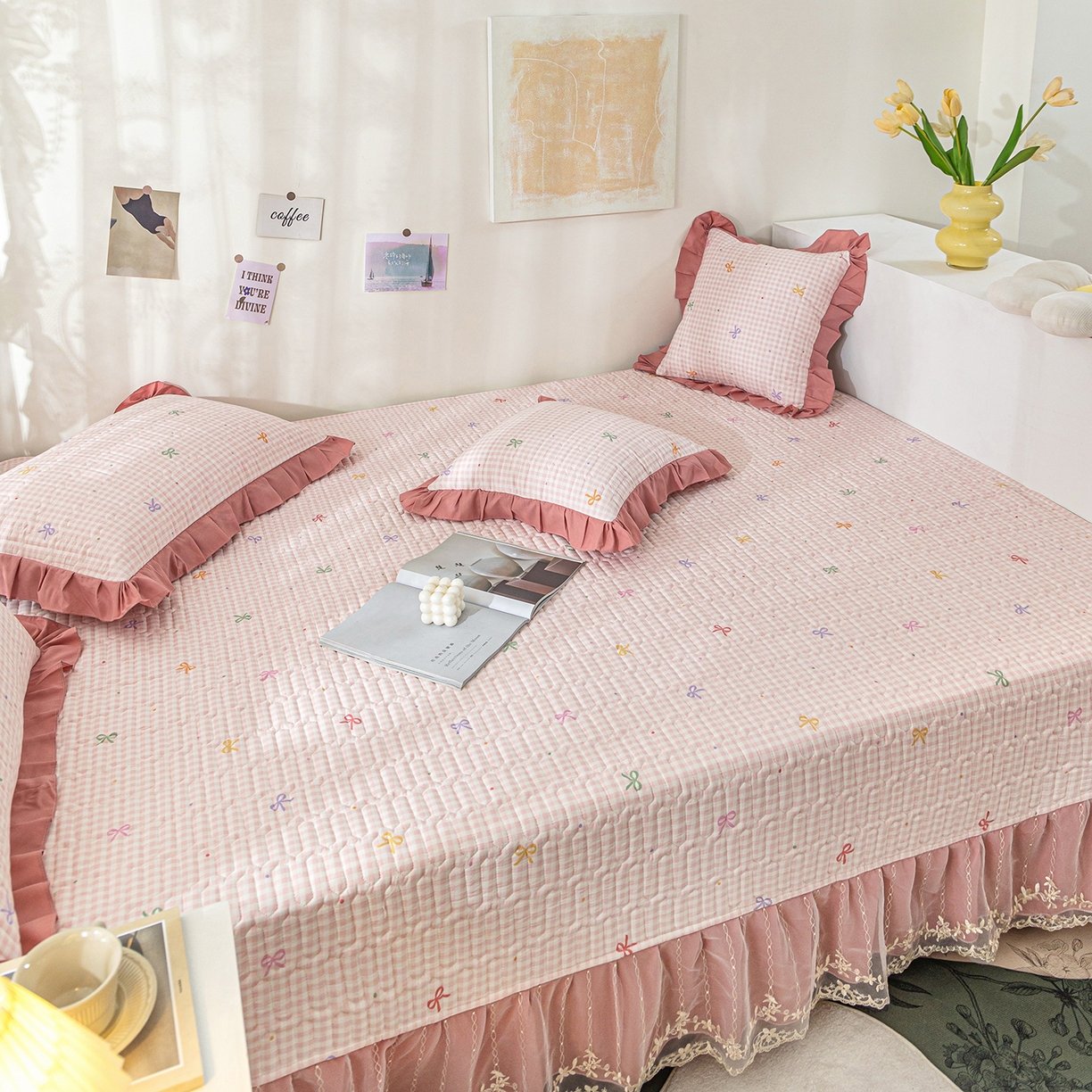 91家纺网 家纺一手货源 找家纺 美优兰 2025新款全棉防滑榻榻米炕垫纯棉床盖三件套 粉色小格