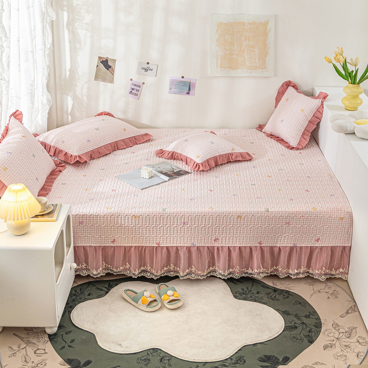 91家纺网 家纺一手货源 找家纺 美优兰 2025新款全棉防滑榻榻米炕垫纯棉床盖三件套 粉色小格