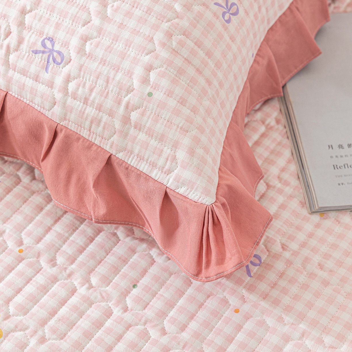 91家纺网 家纺一手货源 找家纺 美优兰 2025新款全棉防滑榻榻米炕垫纯棉床盖三件套 粉色小格