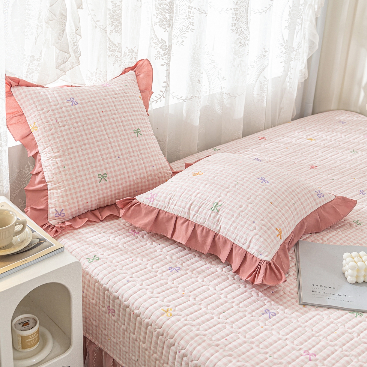 91家纺网 家纺一手货源 找家纺 美优兰 2025新款全棉防滑榻榻米炕垫纯棉床盖三件套 粉色小格