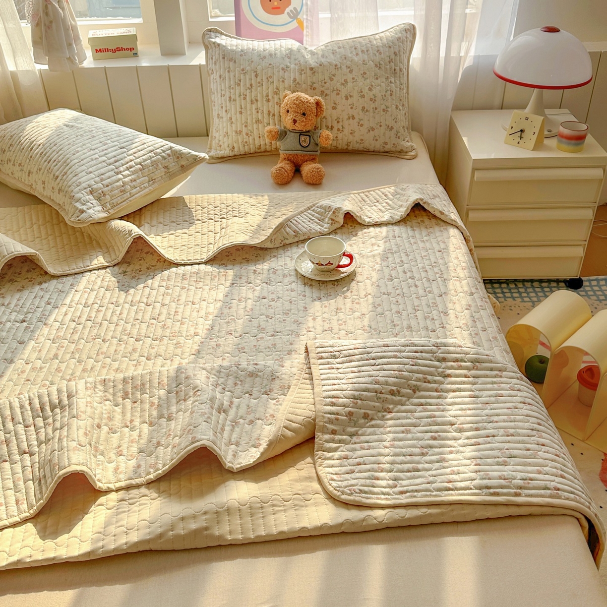 91家纺网 家纺一手货源 找家纺 暖萌 2025新款A类全棉棉花床盖印花系列三件套 觅秋