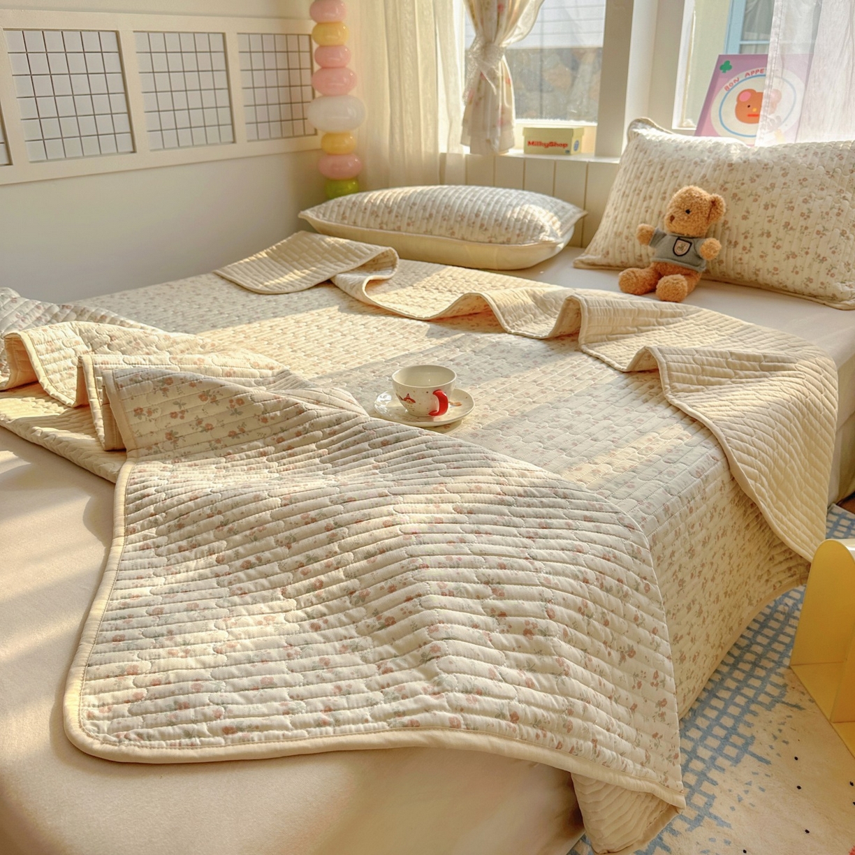 91家纺网 家纺一手货源 找家纺 暖萌 2025新款A类全棉棉花床盖印花系列三件套 觅秋