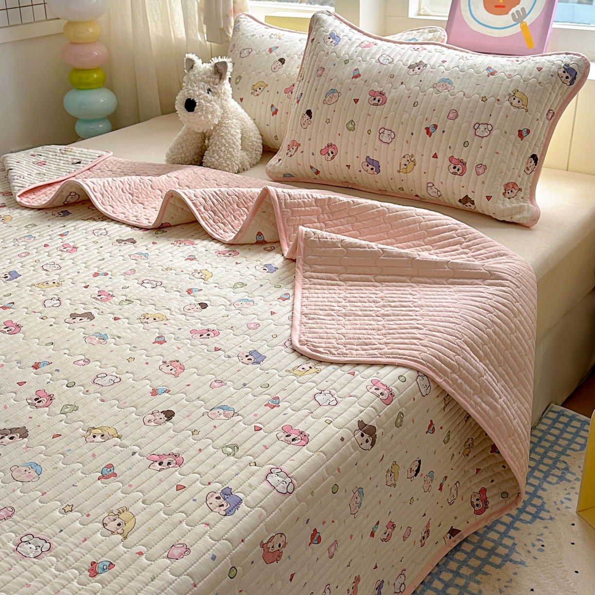 91家纺网 家纺一手货源 找家纺 暖萌 2025新款A类全棉棉花床盖印花系列三件套 糖果幼儿园